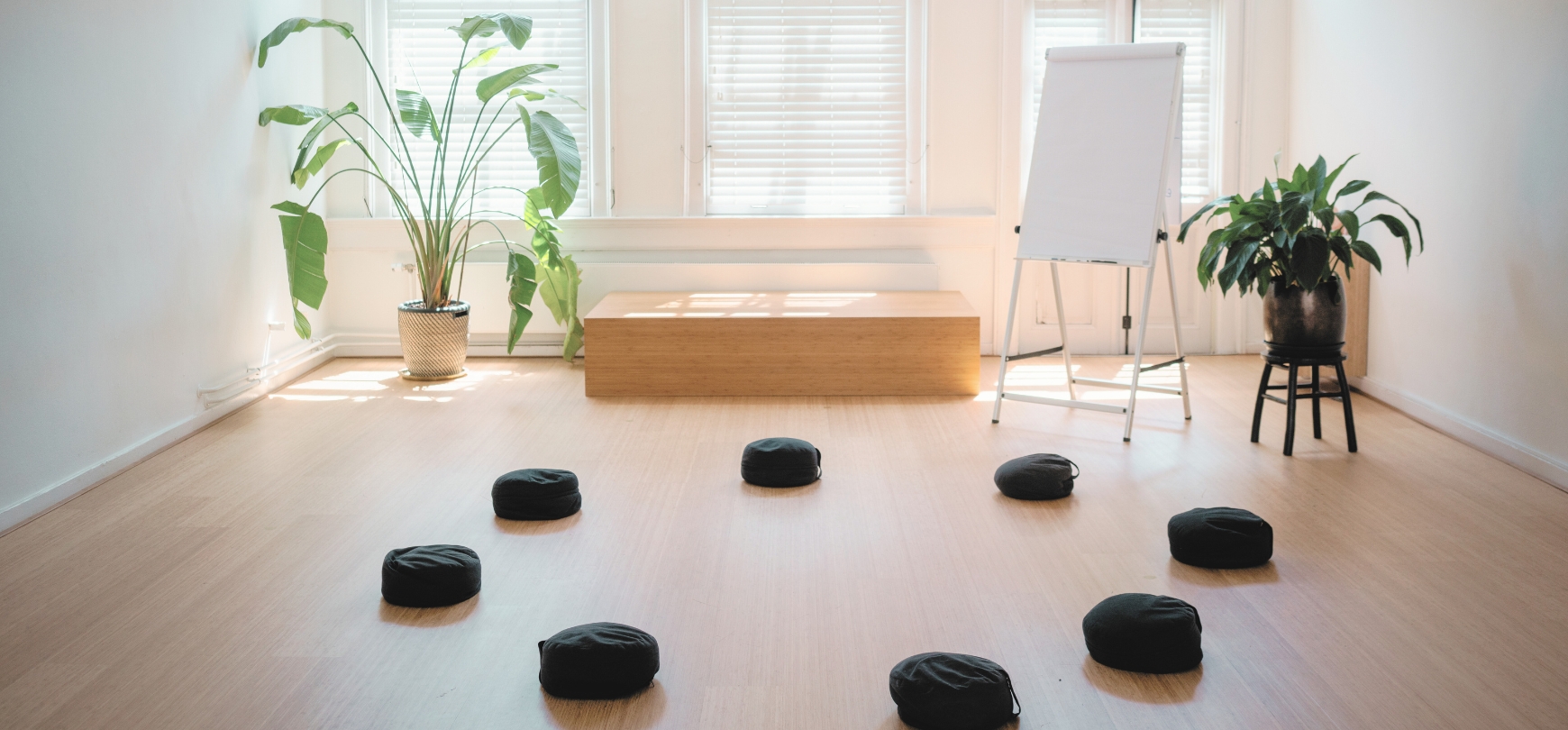 Meditatiekussens in de studio van De Nieuwe Yogaschool voor team meetings